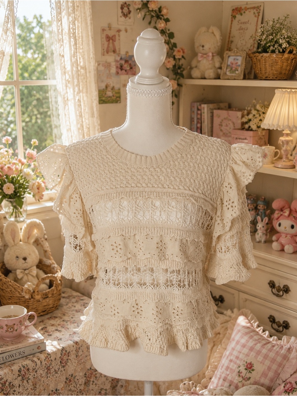 ZARA Cream Knit Lace Ruffle Top Size L Boho Cottagecore